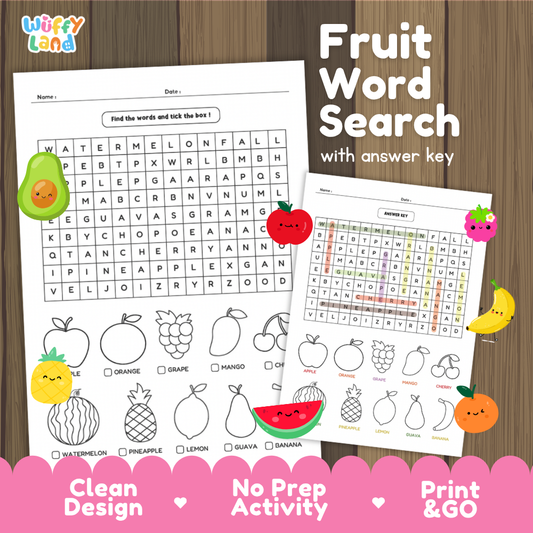 Fruit Word Search with answer key printable vocabulary and coloring activity pack overview from Wuffy Land 🍉🍎