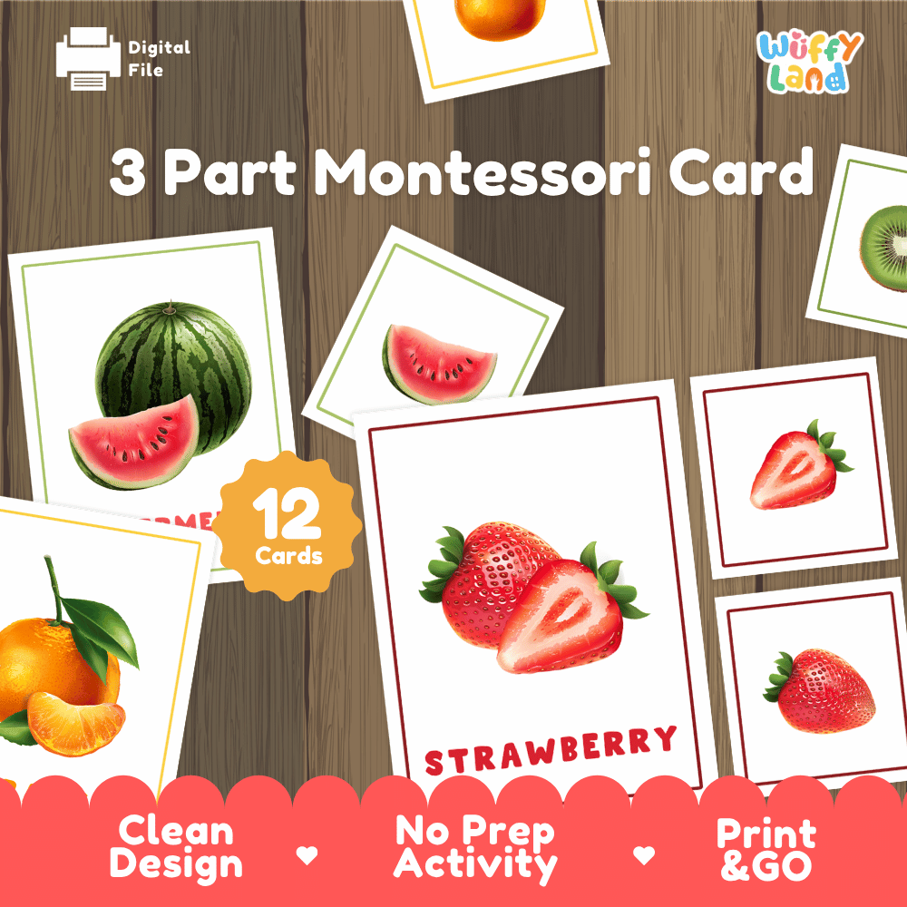 Fruits 3 part Montessori cards printable vocabulary and botany activity pack overview from Wuffy Land featuring 12 fruit cards 🍓🍉
