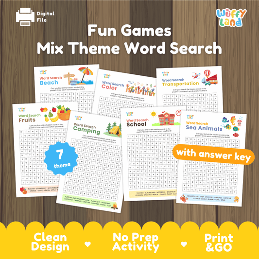Fun games mix theme word search printable vocabulary puzzle activity pack overview from Wuffy Land featuring 7 themes with answer key 🔍📚