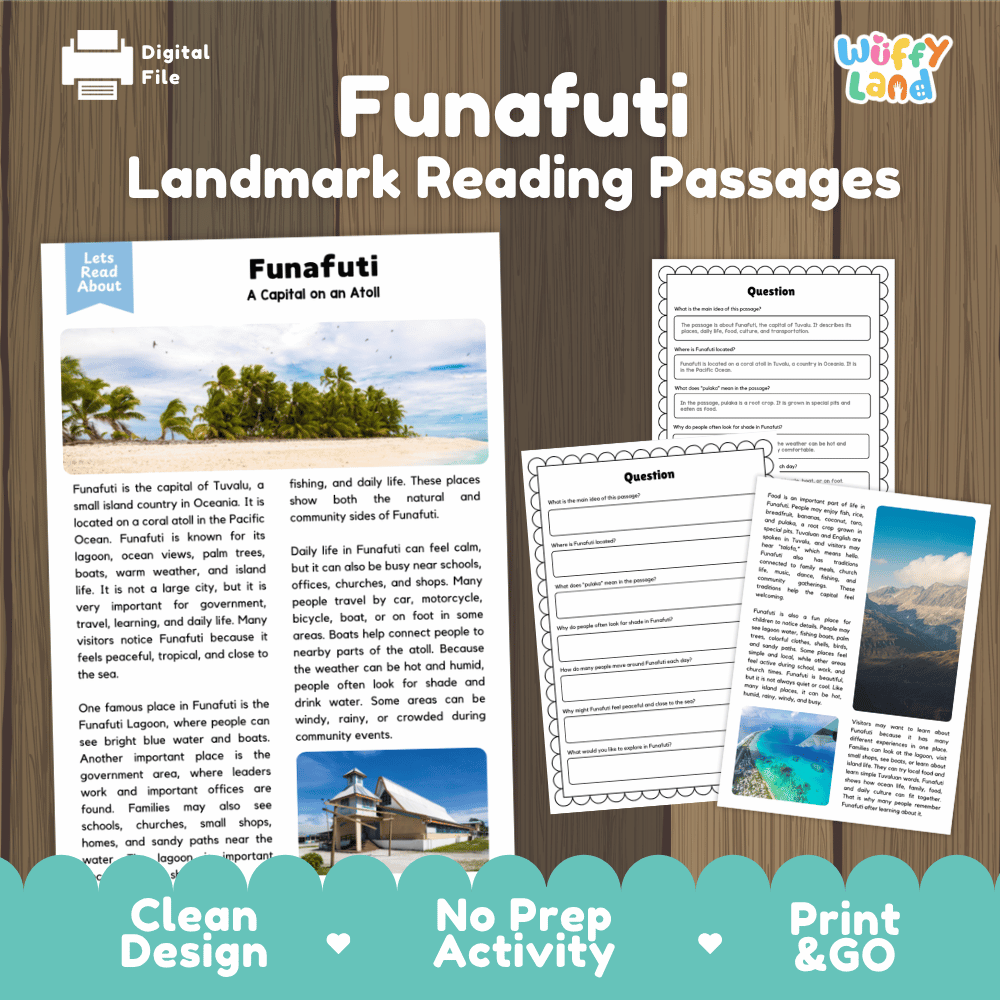 Funafuti landmark reading passage and comprehension worksheet educational unit featuring nonfiction text and authentic Tuvalu coral atoll photography