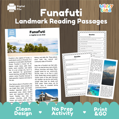 Funafuti landmark reading passage and comprehension worksheet educational unit featuring nonfiction text and authentic Tuvalu coral atoll photography