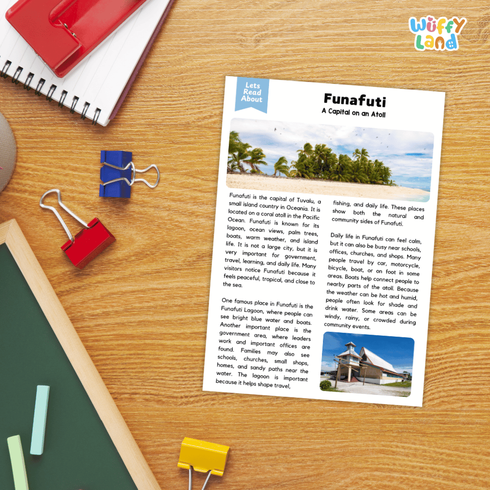 Lined reading comprehension question worksheet covering main ideas vocabulary terms and landmark facts about Funafuti Tuvalu