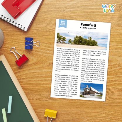 Lined reading comprehension question worksheet covering main ideas vocabulary terms and landmark facts about Funafuti Tuvalu