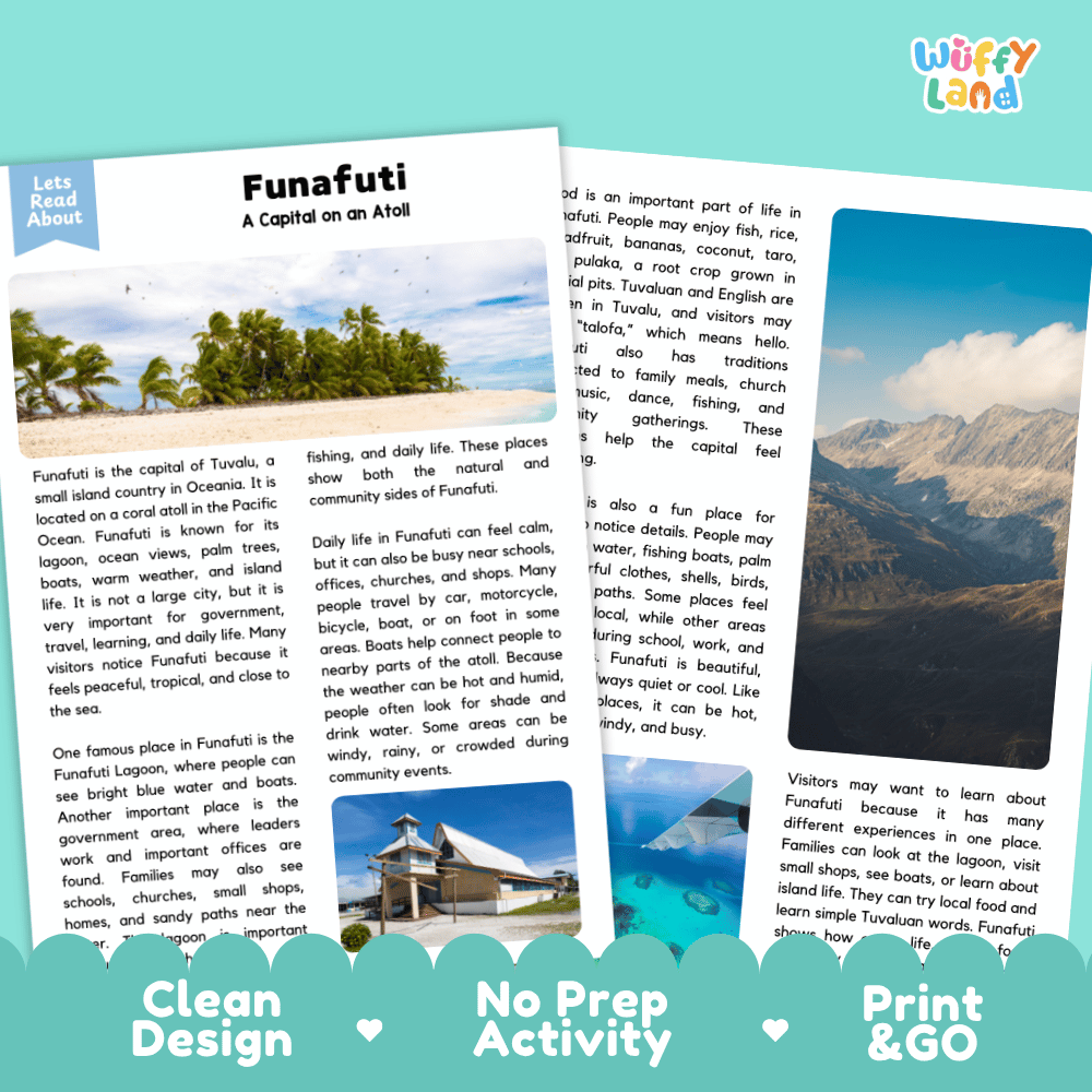 Reference sheet and answer key for Funafuti landmark reading passage displaying completed comprehension answers and Pacific geography facts