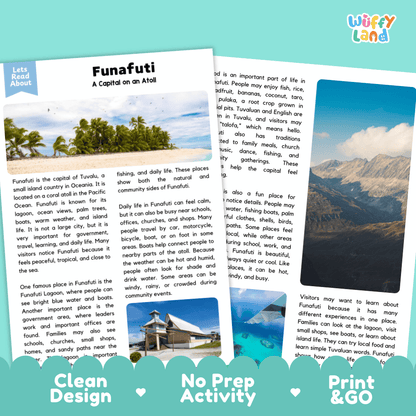 Reference sheet and answer key for Funafuti landmark reading passage displaying completed comprehension answers and Pacific geography facts