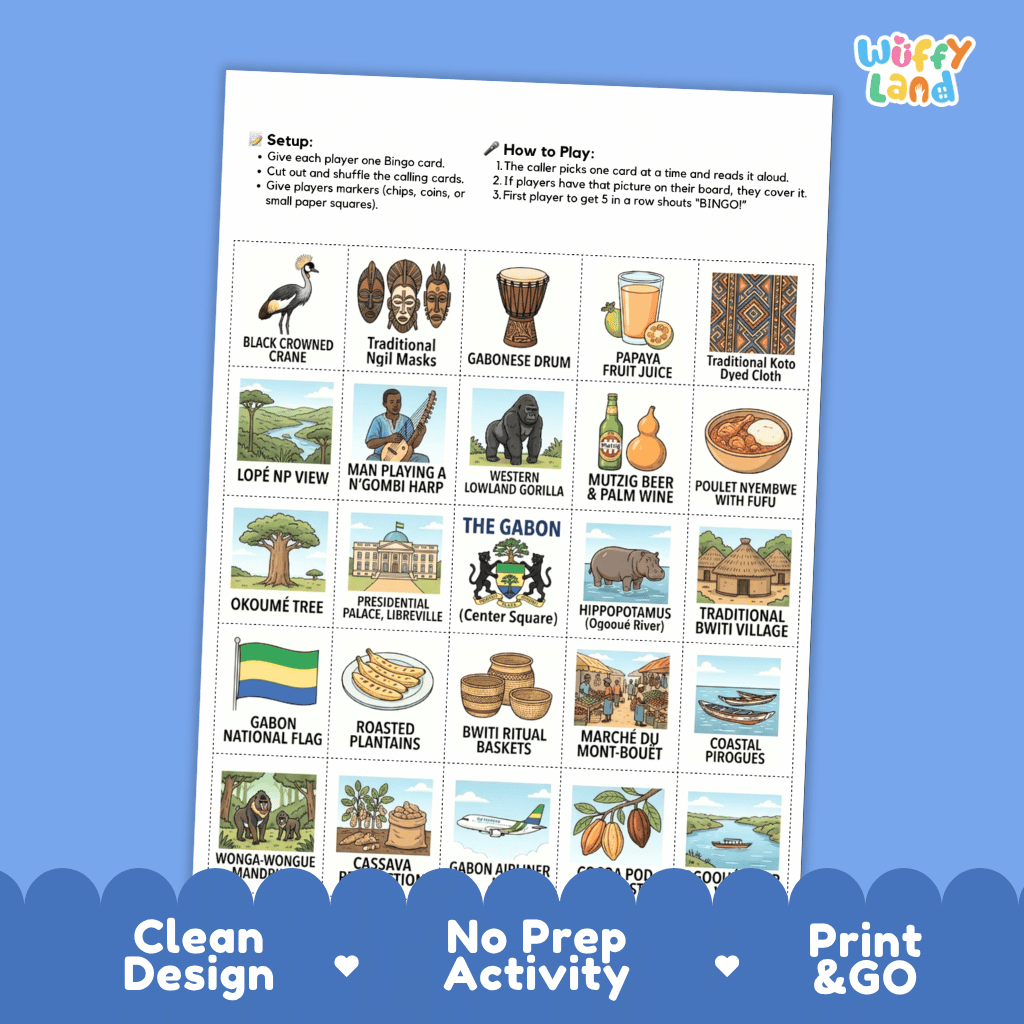 Gabon Geography BINGO Games Printable Country Study Activity Cards