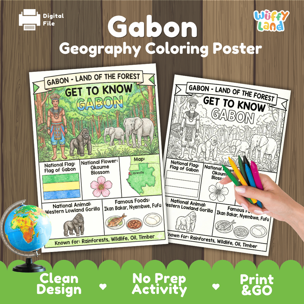 Gabon Geography Coloring Poster and Fact Sheet Printable Worksheets