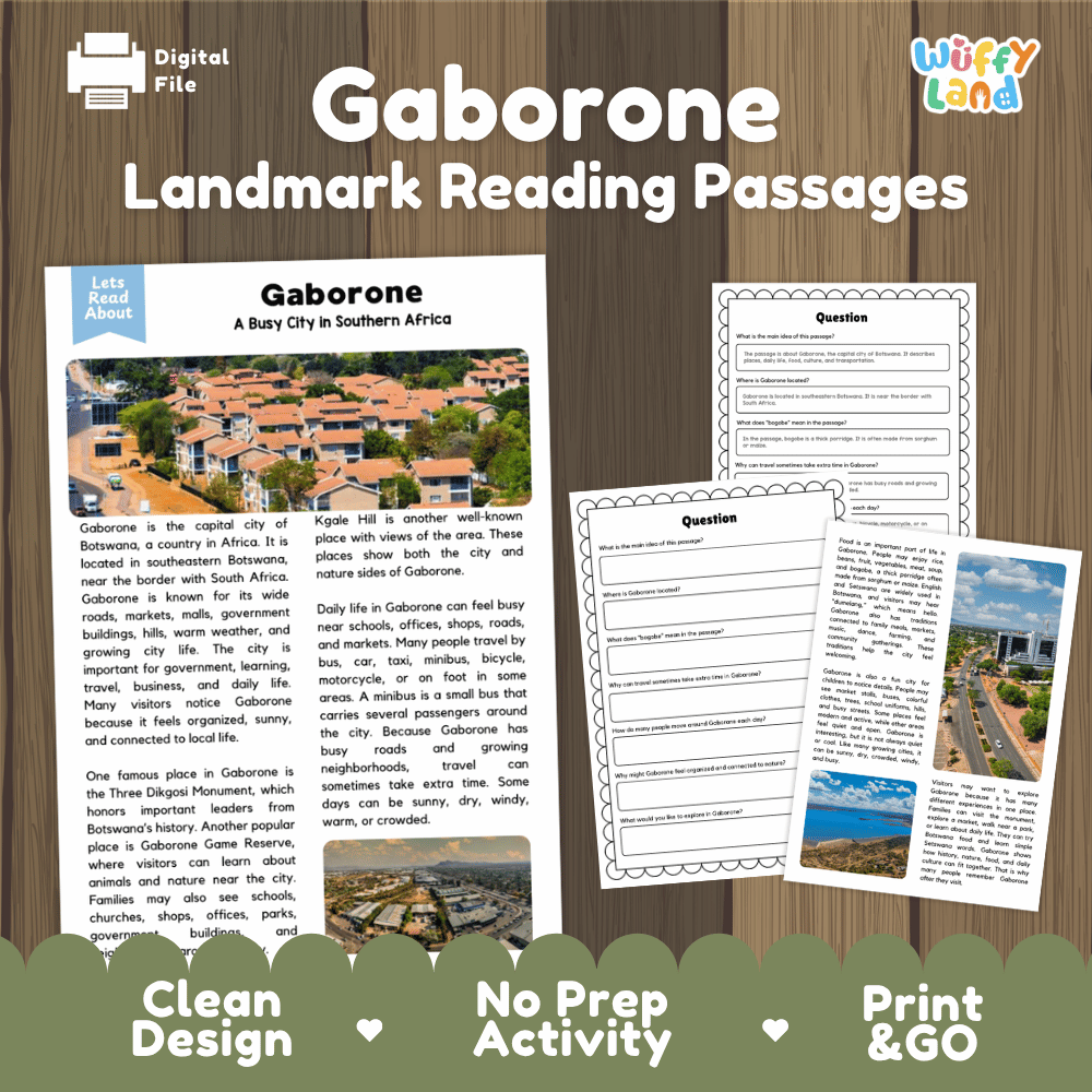Gaborone landmark reading passage and comprehension worksheet educational unit featuring nonfiction text and authentic Gaborone Botswana cityscape photography