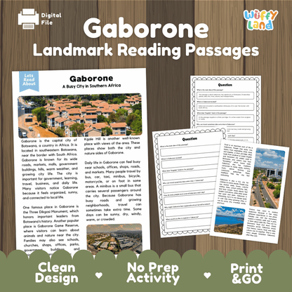 Gaborone landmark reading passage and comprehension worksheet educational unit featuring nonfiction text and authentic Gaborone Botswana cityscape photography