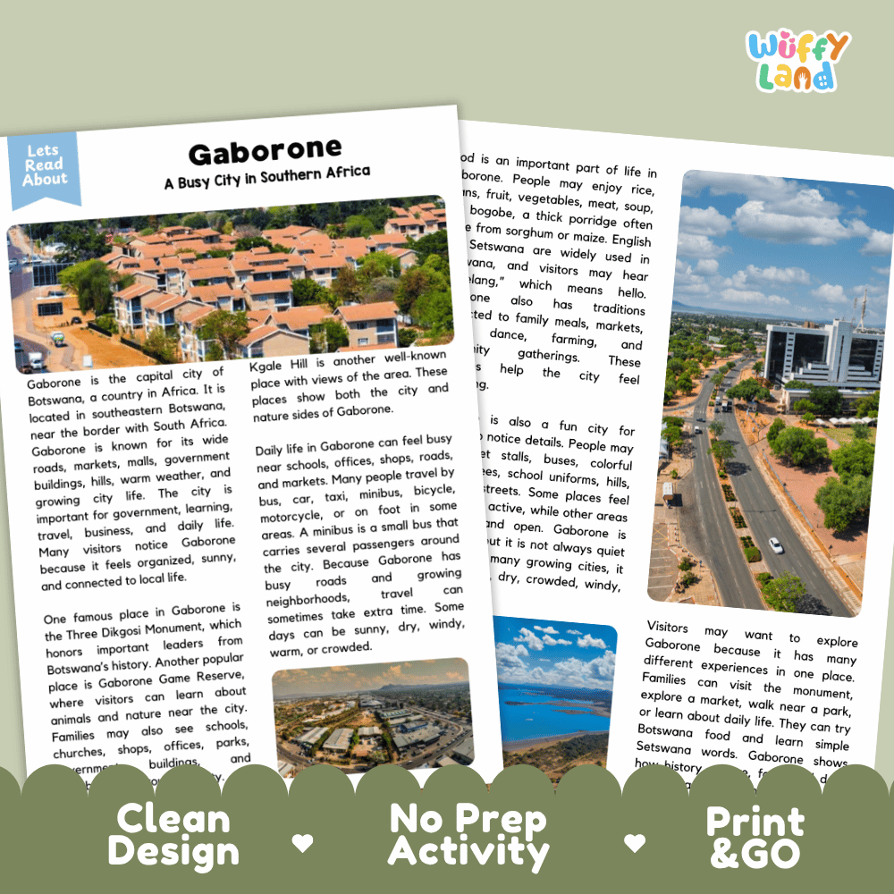 Reference sheet and answer key for Gaborone landmark reading passage displaying completed comprehension answers and African geography facts
