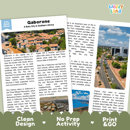 Reference sheet and answer key for Gaborone landmark reading passage displaying completed comprehension answers and African geography facts