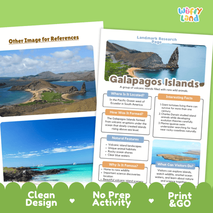 Galapagos Islands Landmark Research Page Worksheets and Fact Sheet Activity