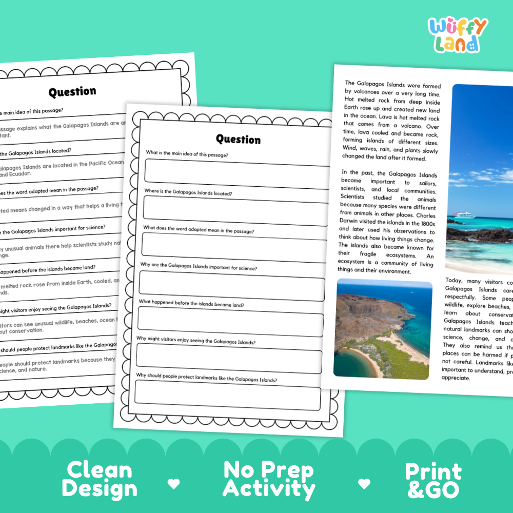 Three printable worksheet pages about the Galapagos Islands are shown on a teal promotional background. The pages have black scalloped borders and text fields, with one page featuring a small landscape photo insert.