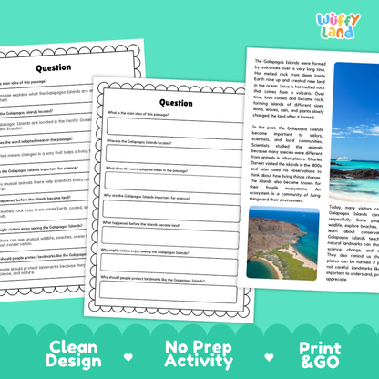 Three printable worksheet pages about the Galapagos Islands are shown on a teal promotional background. The pages have black scalloped borders and text fields, with one page featuring a small landscape photo insert.