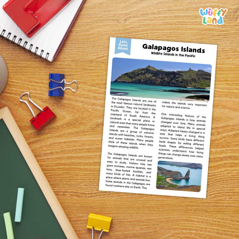 A printed educational worksheet titled 'Galapagos Islands Wildlife Islands in the Pacific' with a small landscape photo, styled on a wooden desk with a spiral notebook, red binder clips, and green and black folders.