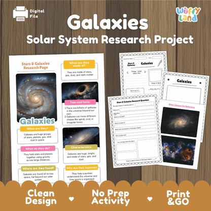 Galaxies Solar System Research Project digital activity bundle cover and preview pages on a wood-grain background. The cover features the title 'Galaxies Solar System Research Project' with a 'Wiffly Land' logo, and the preview pages show worksheet and card designs with galaxy images and text boxes.