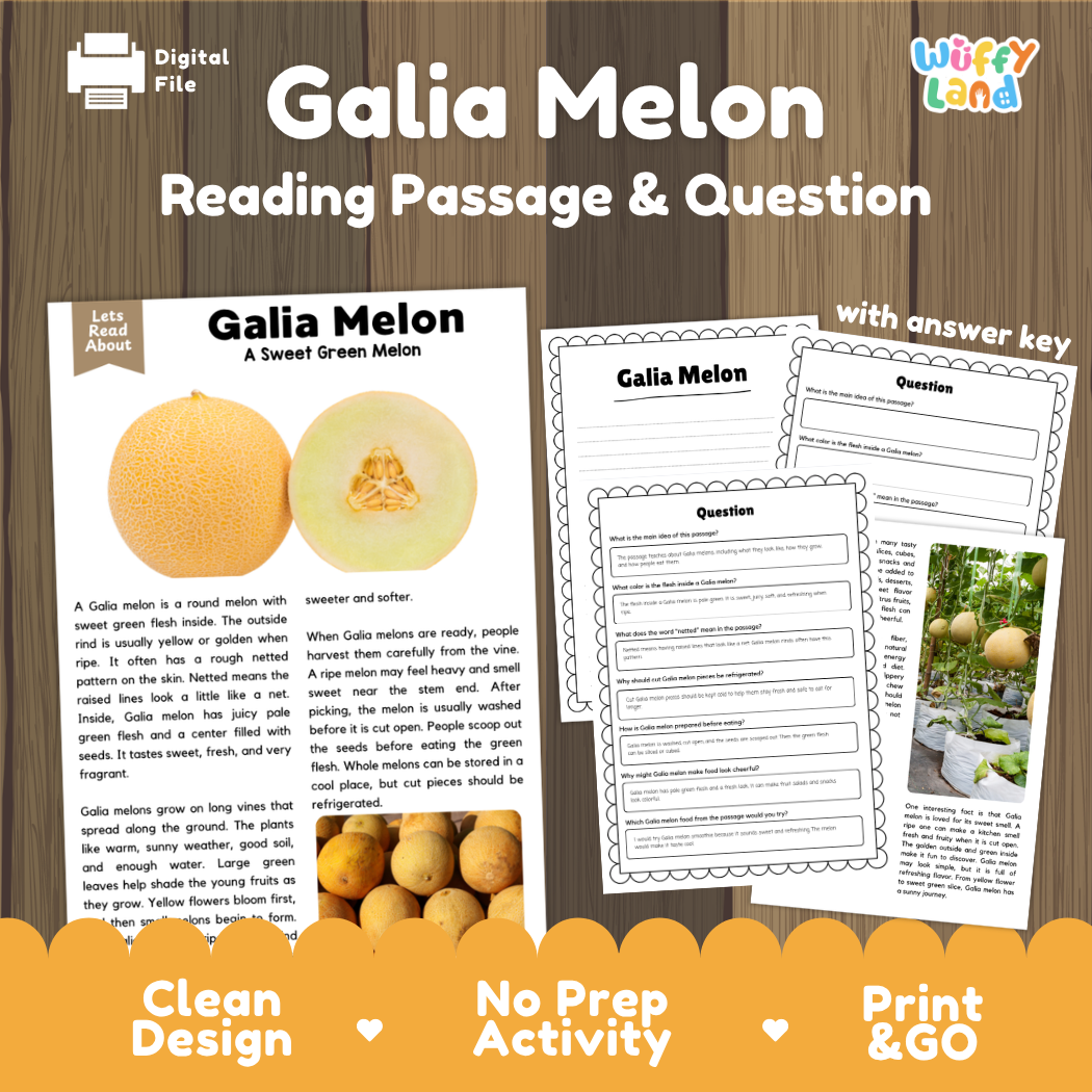 Galia Melon reading comprehension passage and questions printable activity pack with answer key for elementary students