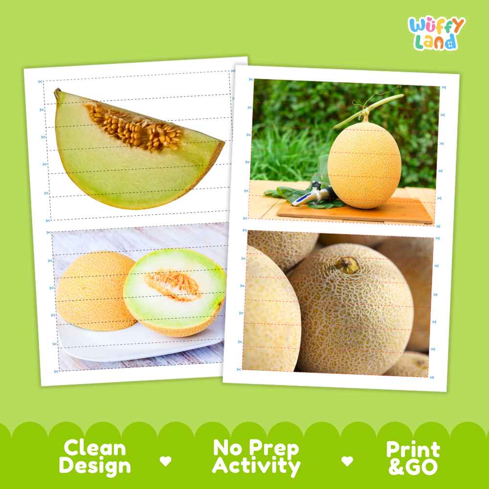 Printable activity sheets featuring photographic Galia melon puzzle boards and cutting guides