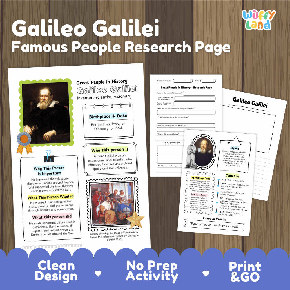 Galileo Galilei Famous People Research Page Worksheets