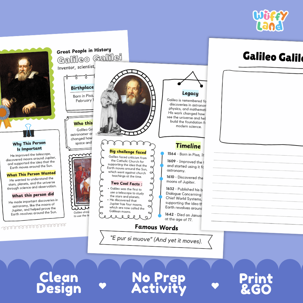 Galileo Galilei Famous People Research Page Worksheets