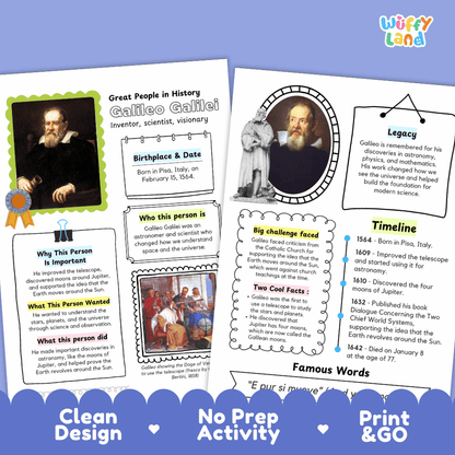 Galileo Galilei Famous People Research Page Worksheets