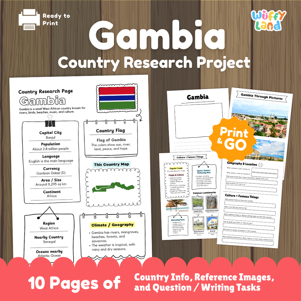 Student country research worksheet on Gambia featuring national flag, Banjul capital facts, tropical climate, and geography map