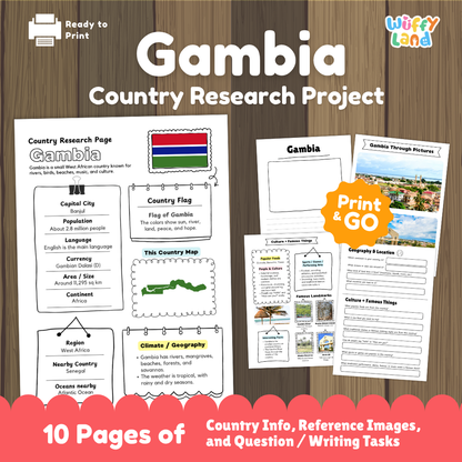 Student country research worksheet on Gambia featuring national flag, Banjul capital facts, tropical climate, and geography map