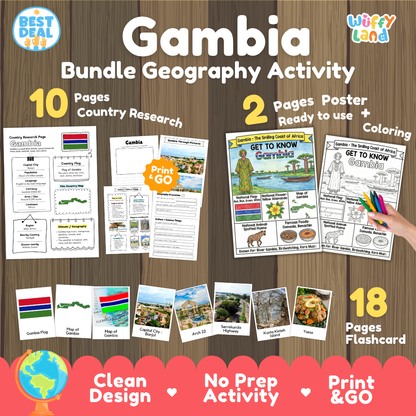 Gambia geography activity bundle cover showing 10 country research pages, 2 ready to use coloring posters, and 18 photo flashcards