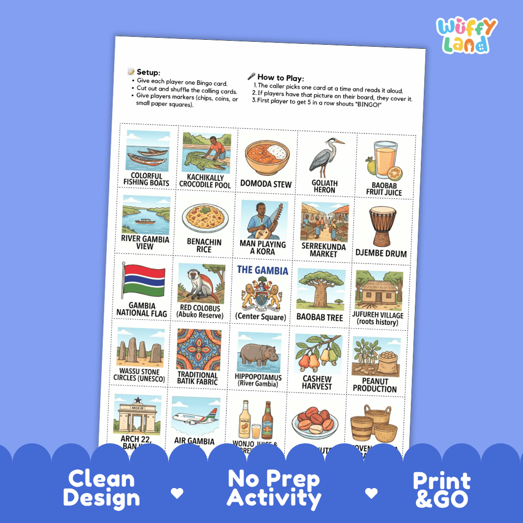 Gambia Geography Bingo Games Printable Activity