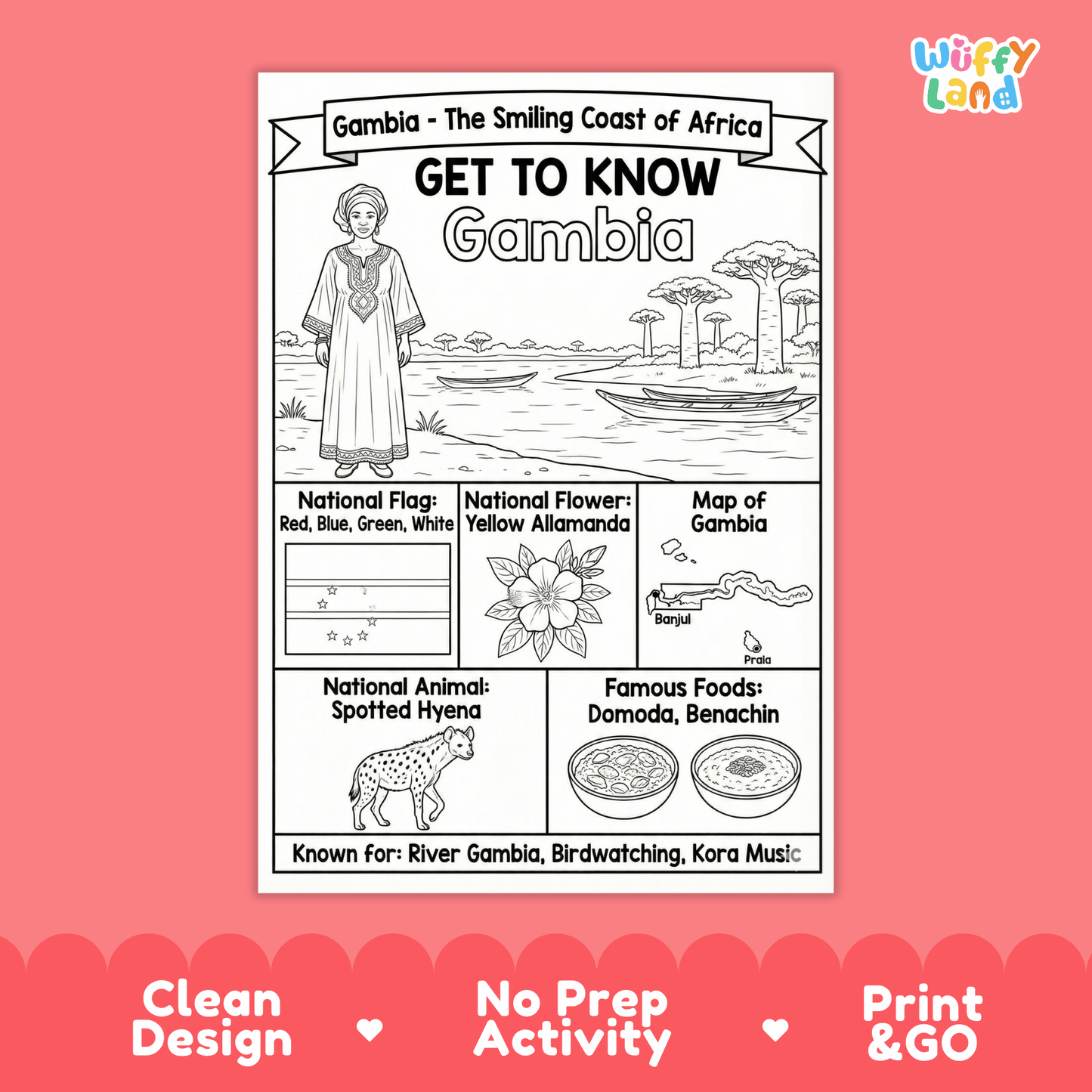 Gambia Country Study Geography Coloring Page Worksheet Activity | Africa