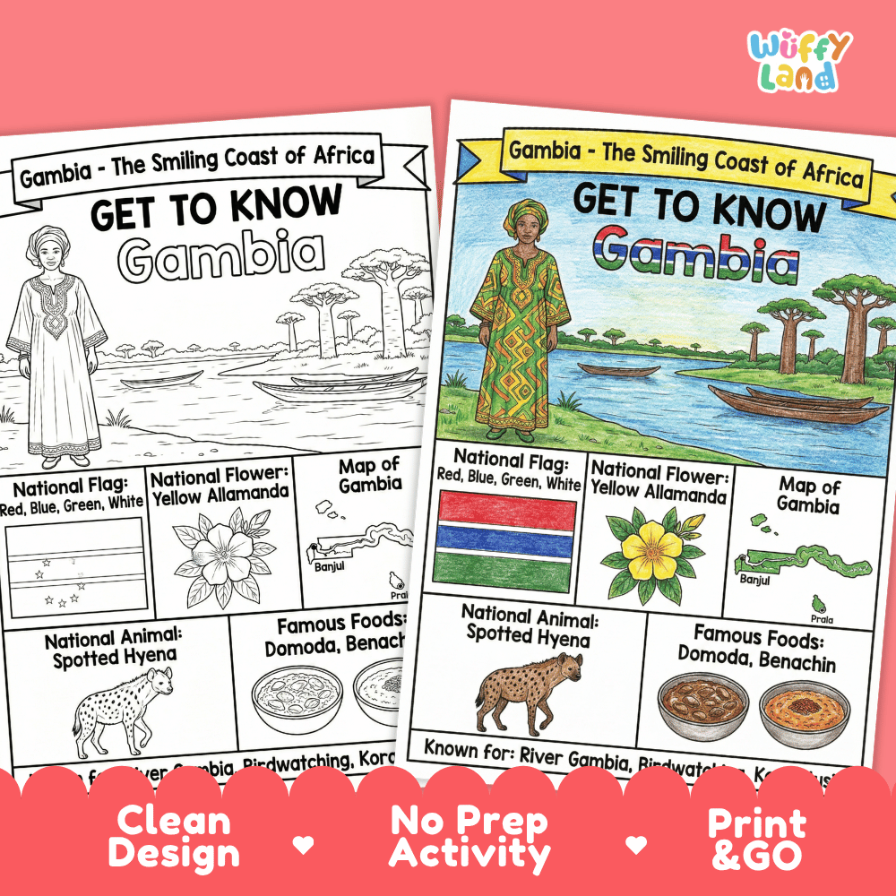 Gambia Geography Coloring Poster and Fact Sheet Printable Worksheets