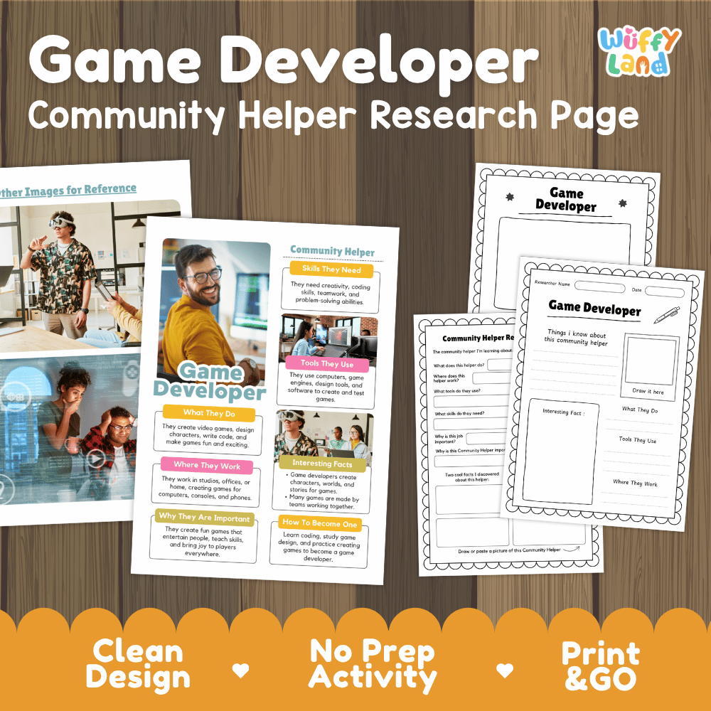Game developer community helper research page writing worksheets pack featuring real photos and student activity pages for elementary social studies and STEM