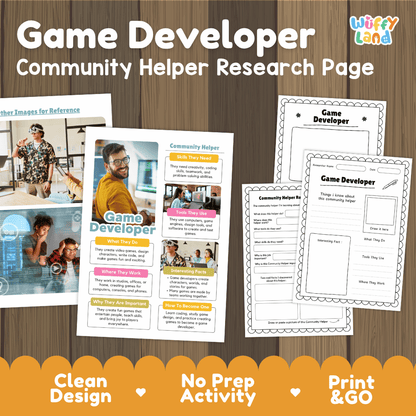 Game developer community helper research page writing worksheets pack featuring real photos and student activity pages for elementary social studies and STEM