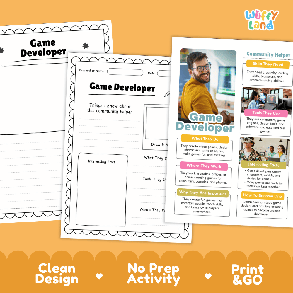Educational reference poster with real photography showing game developer duties, game engines and design tools, studio workplace, and interesting facts