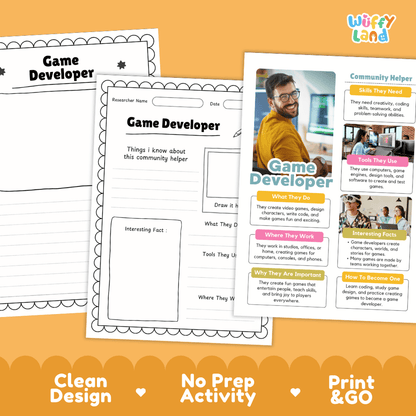 Educational reference poster with real photography showing game developer duties, game engines and design tools, studio workplace, and interesting facts