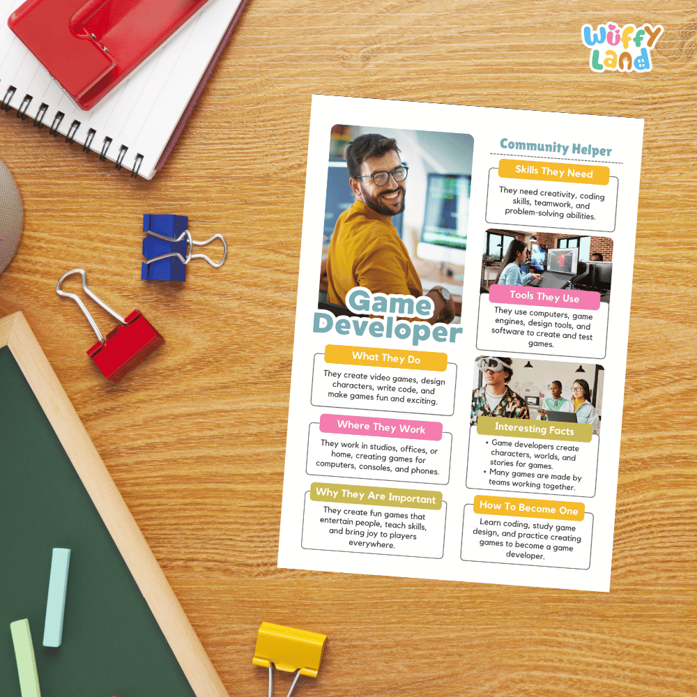 Guided student writing worksheets with lined sections for recording facts and a dedicated box for drawing or pasting a picture of a game developer