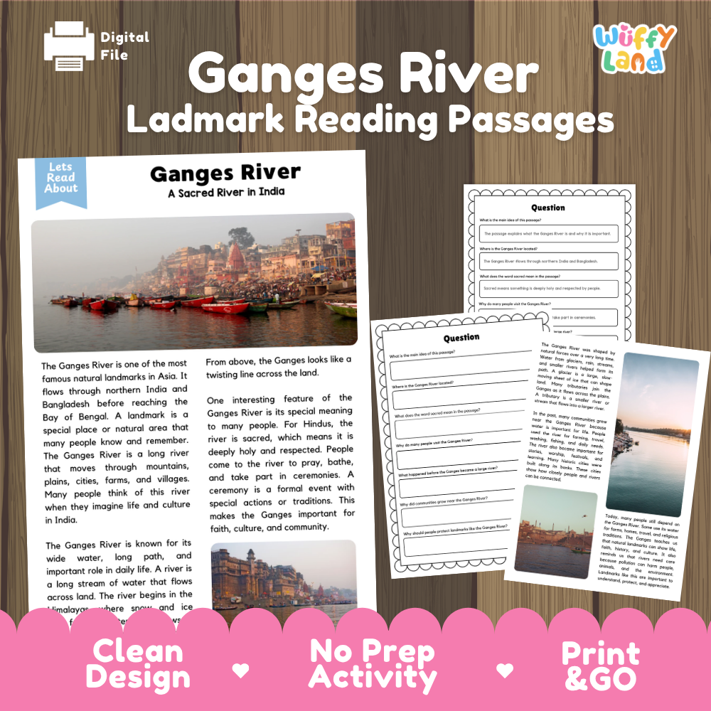 Digital reading activity bundle for 'Ganges River - Ladmark Reading Passages' featuring a sample article, a worksheet, and a question page on a wood-grain background with promotional text at the bottom.