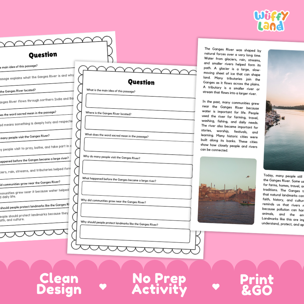 Educational worksheet set about the Ganges River, featuring printed activity sheets with text prompts and a larger informational poster with photos and descriptive text. The sheets have a scalloped border and the top right corner shows the 'wiffy land' brand logo.