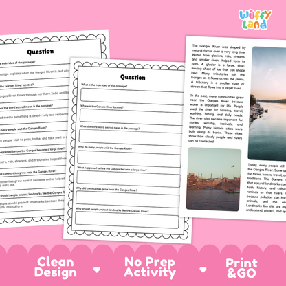 Educational worksheet set about the Ganges River, featuring printed activity sheets with text prompts and a larger informational poster with photos and descriptive text. The sheets have a scalloped border and the top right corner shows the 'wiffy land' brand logo.