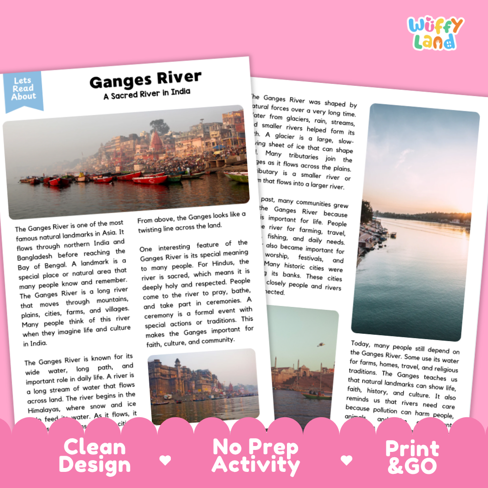 Two printable book-cover-style pages for a children's reading activity about Ganges River, shown on a white background with decorative pink and blue banners. The pages include a small landscape photo, paragraphs of text, and the 'Wiffly land' logo in the top right.