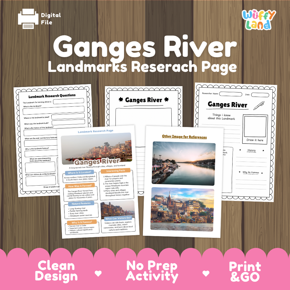 Digital educational worksheet bundle titled 'Ganges River Landmarks Researach Page' by Wiffy Land, shown on a wood background with sample pages, a 'Digital File' icon, and pink promotional text at the bottom.
