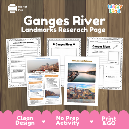 Digital educational worksheet bundle titled 'Ganges River Landmarks Researach Page' by Wiffy Land, shown on a wood background with sample pages, a 'Digital File' icon, and pink promotional text at the bottom.