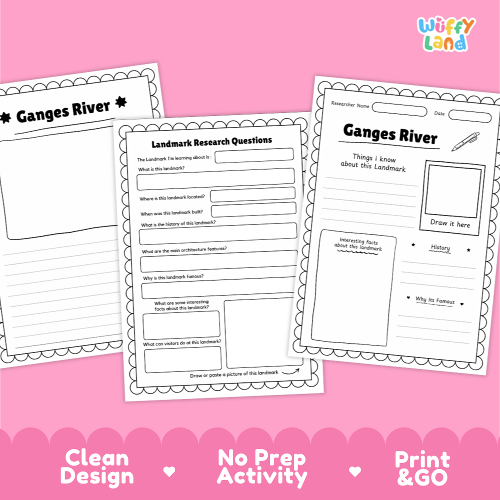 Three printable Ganges River activity sheets arranged on a pink background with a Wiffy Land logo in the top right and marketing text along the bottom.