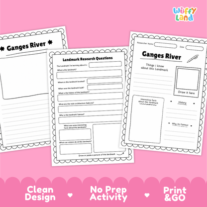 Three printable Ganges River activity sheets arranged on a pink background with a Wiffy Land logo in the top right and marketing text along the bottom.
