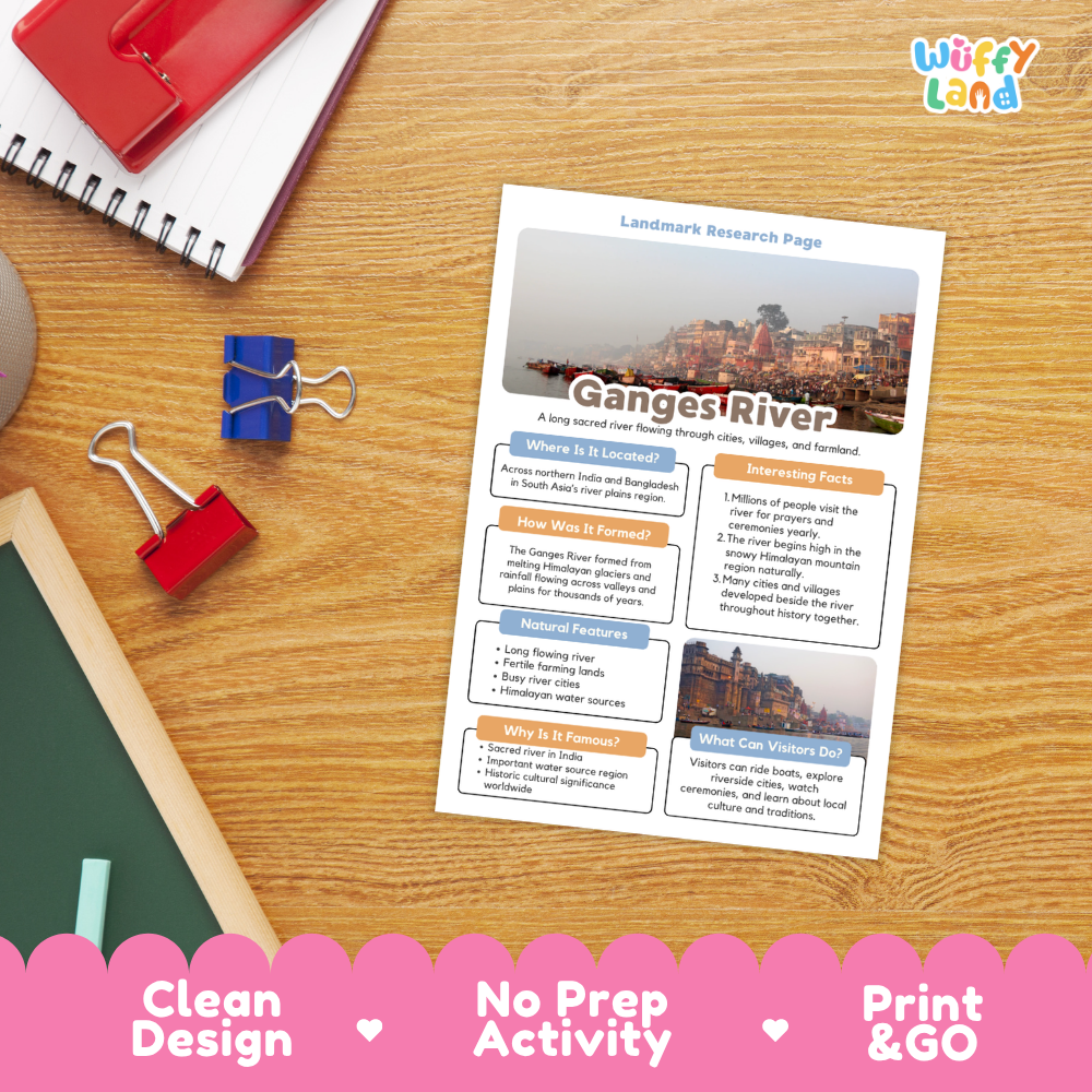 A printed Ganges River landmark research page activity sheet lies on a wooden desk, surrounded by school supplies including a red notebook, blue binder clips, and a green chalkboard. The sheet has a clean design with a city photo at the top and text sections about the Ganges River.