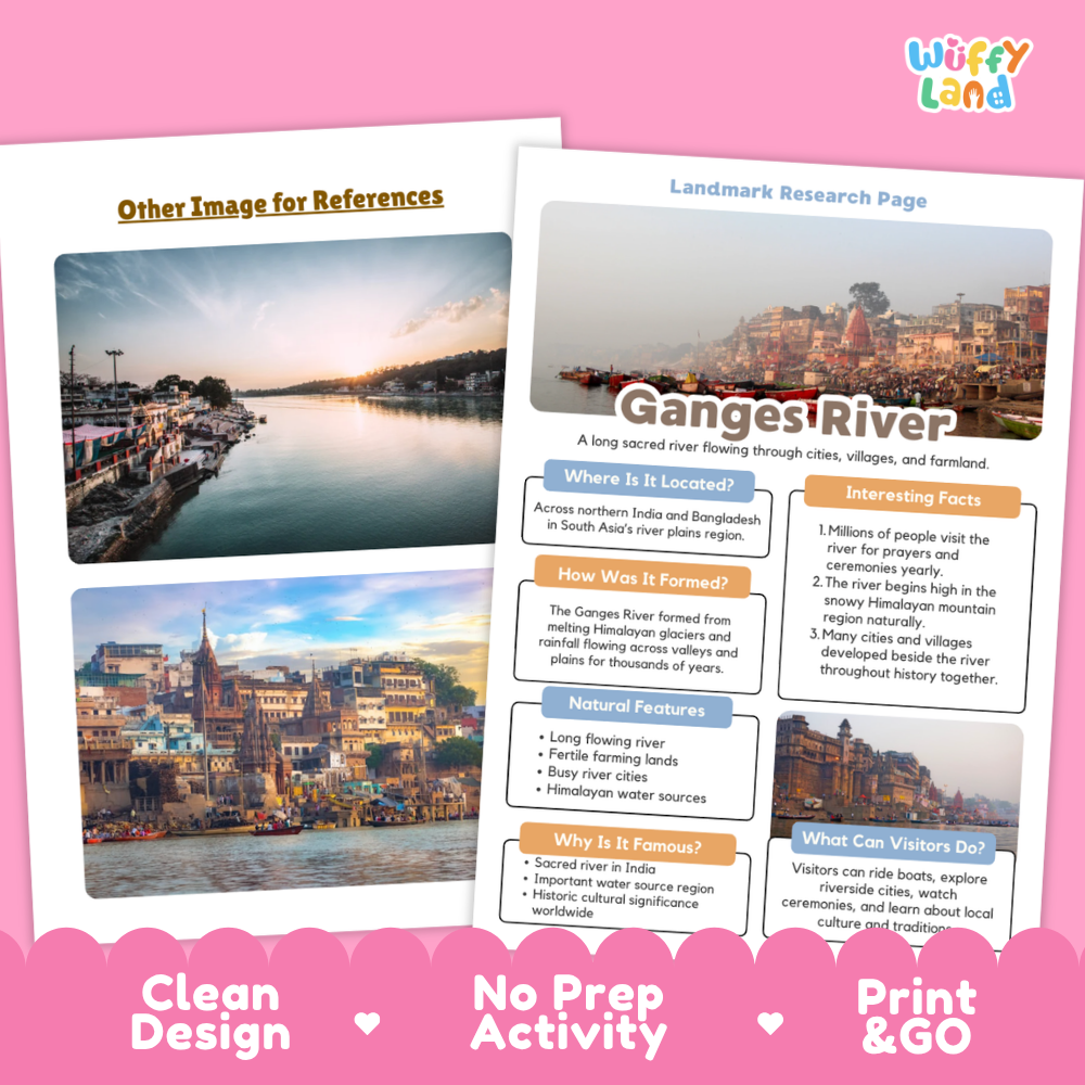 A printable educational worksheet titled 'Ganges River: Landmark Research Page' from the brand Wiffy Land, displayed on a light pink background. The page features a header with a landscape photo of a river port, followed by text sections about the Ganges River, including 'Where Is It Located?', 'How It Was Formed', 'Natural Features', 'Why Is It Famous?', and 'What Can Visitors Do?'.