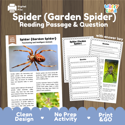 Digital reading activity sheet set about a garden spider, shown on a wood background with the title 'Spider (Garden Spider) Reading Passage & Question'. The layout includes a passage with a spider photo, worksheet pages with answer areas, and marketing text reading 'Clean Design', 'No Prep Activity', and 'Print & GO'.