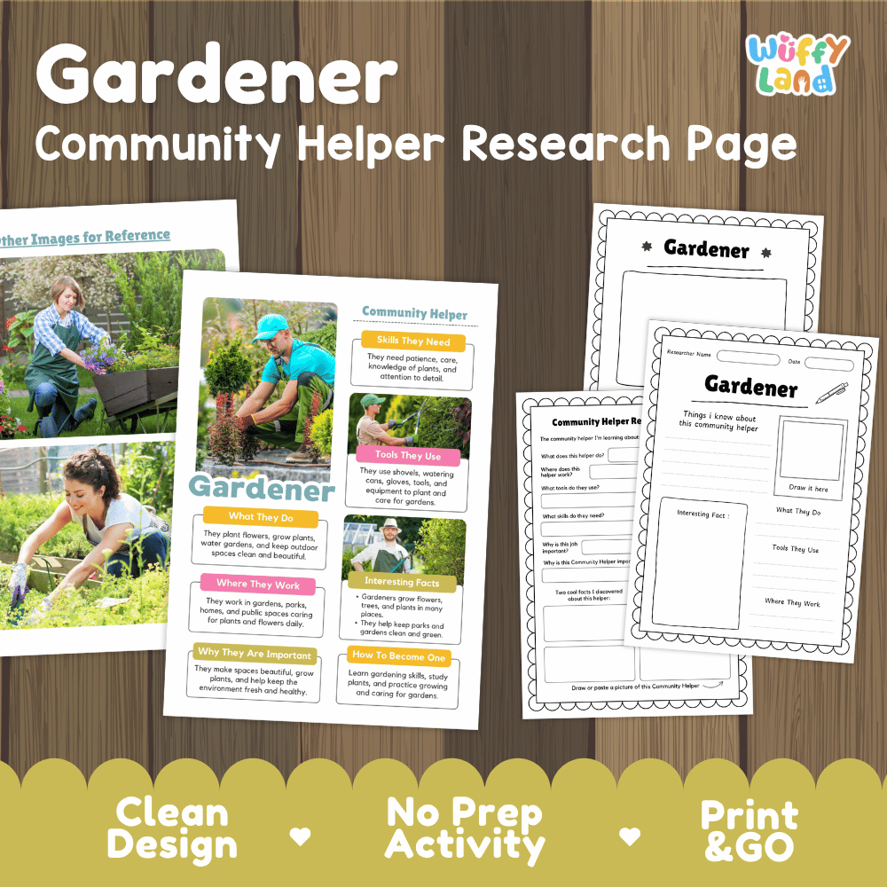 Gardener community helper research page writing worksheets pack featuring real photos and student activity pages for elementary social studies and science