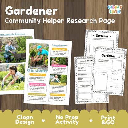Gardener community helper research page writing worksheets pack featuring real photos and student activity pages for elementary social studies and science