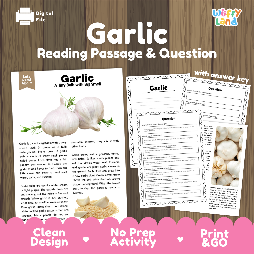 Garlic reading comprehension passage and questions printable activity pack with answer key for elementary students
